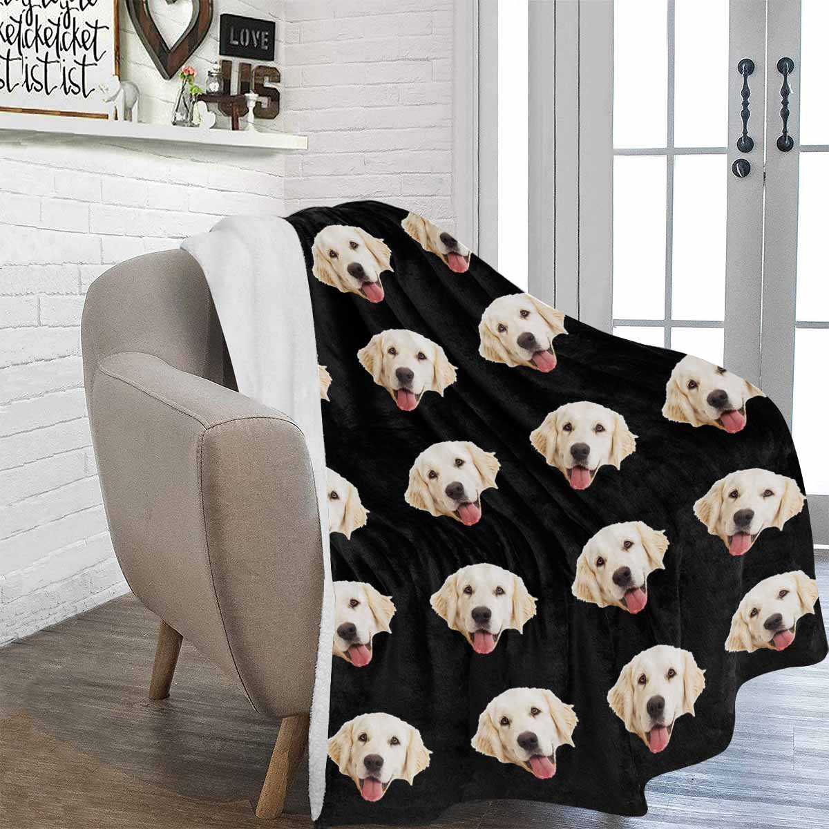 Couverture photo personnalisée avec portrait de chien, visage d'animal personnalisé, couverture en micropolaire ultra douce noire