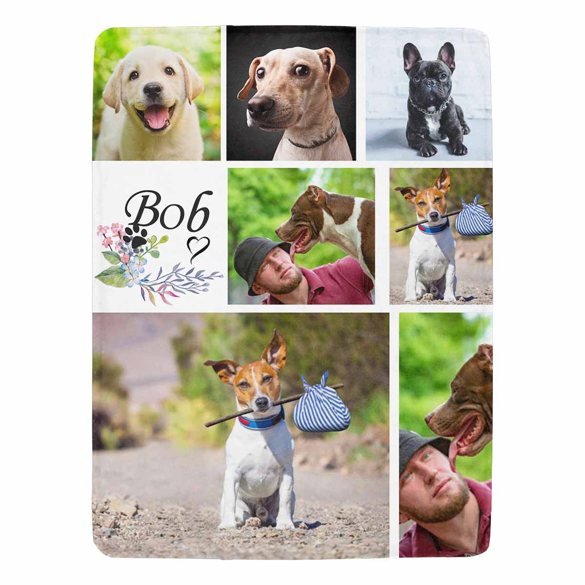 Couverture personnalisée avec portrait de chien, noms individuels et couverture photo