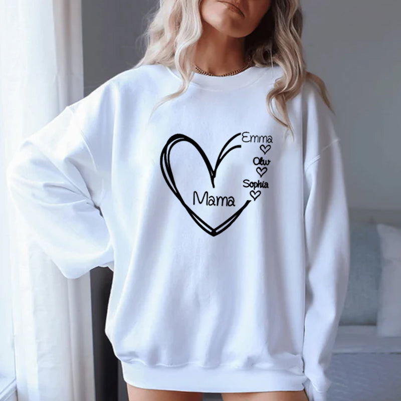 Sweatshirt mit Namen des Kindes, Oma Nana Gigi Mom Mama Herz Print Sweatshirt, Muttertagsgeschenk, Geschenk für neue Mutter