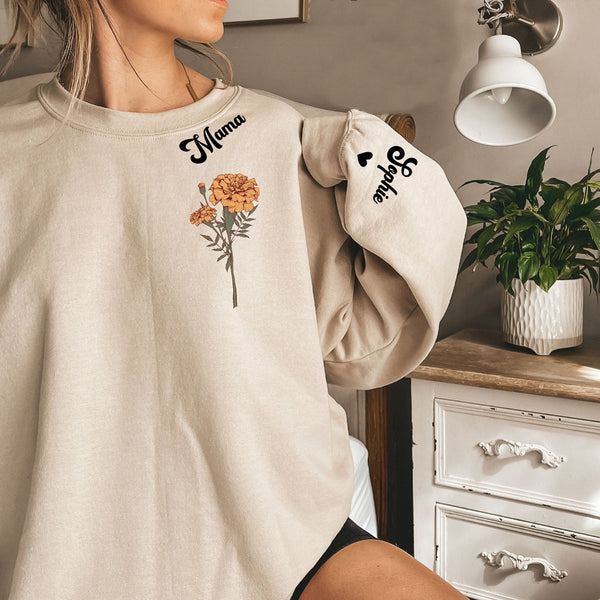 Mama Geburtsmonat Blume Sweatshirt mit individuellem Hals- und Ärmeldesign, Muttertag, Geschenk für Mama