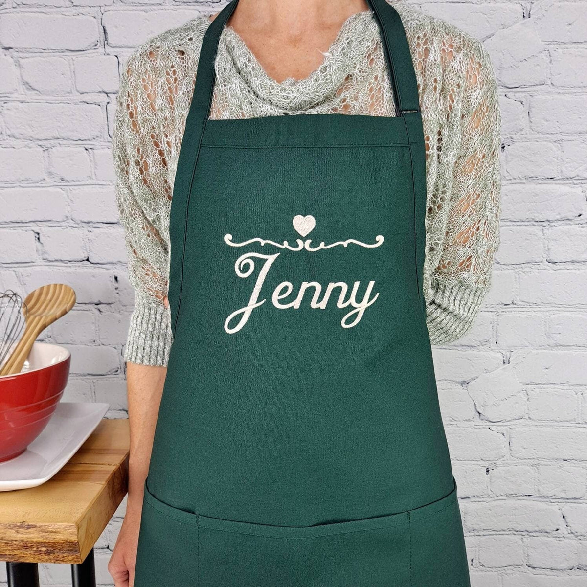 Aanpasbare schort, gepersonaliseerd, naam, hart, keuken, geborduurde schort, cadeau voor haar