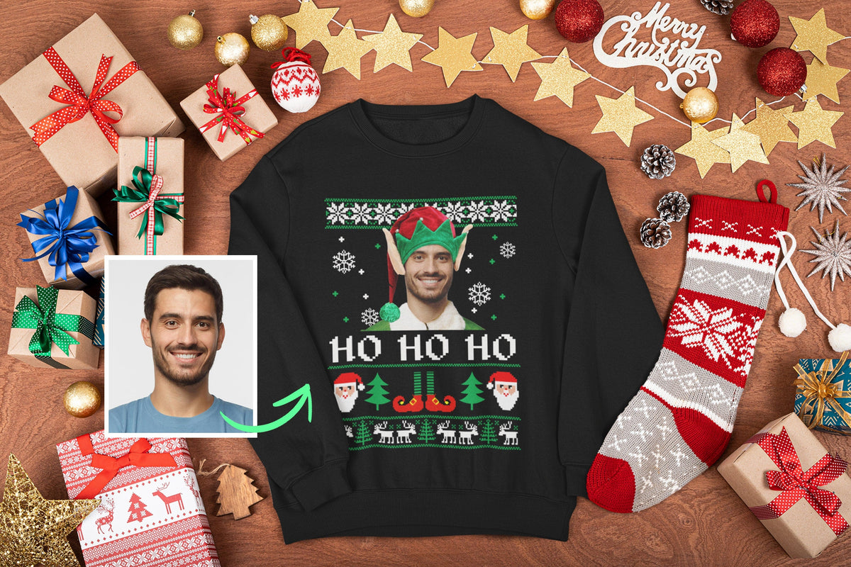 Benutzerdefinierter hässlicher Weihnachtspullover mit Mütze und Sweatshirt. Hässlicher Weihnachtspullover mit Bild