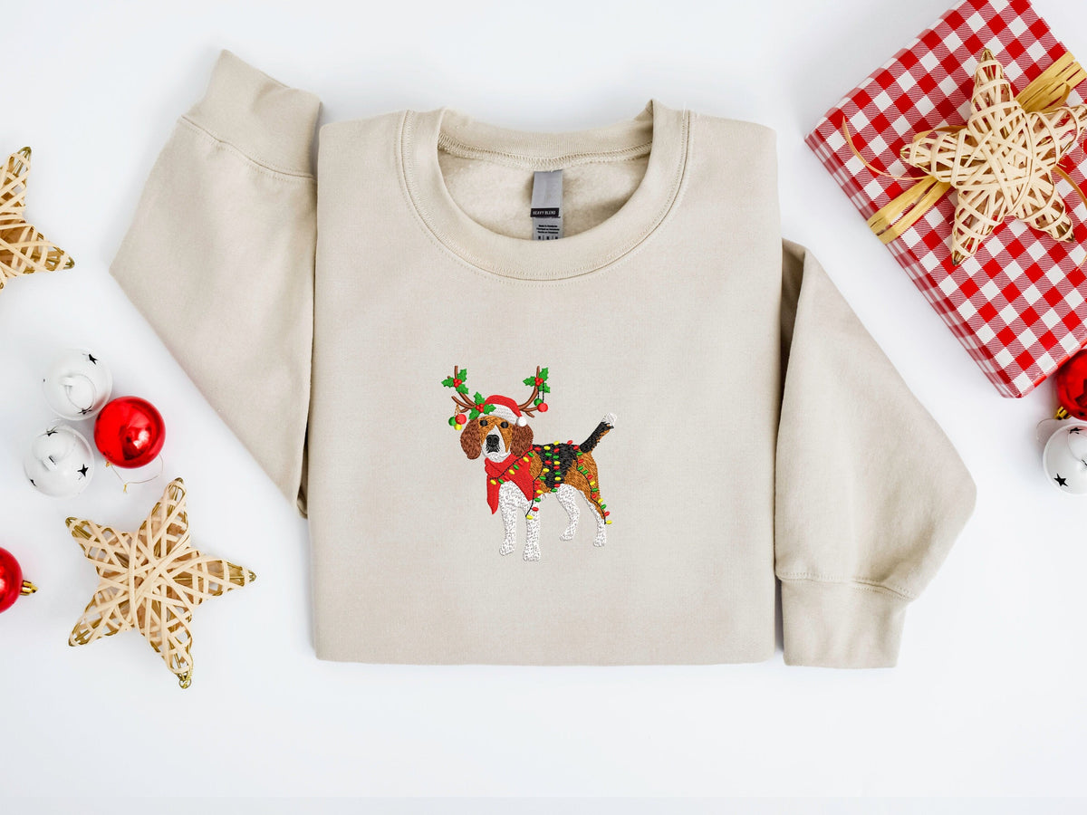 Gesticktes Weihnachts-Hunde-Sweatshirt. Gesticktes Beagle-Hunde-Weihnachts-Sweatshirt. Damen-Weihnachts-Sweatshirt