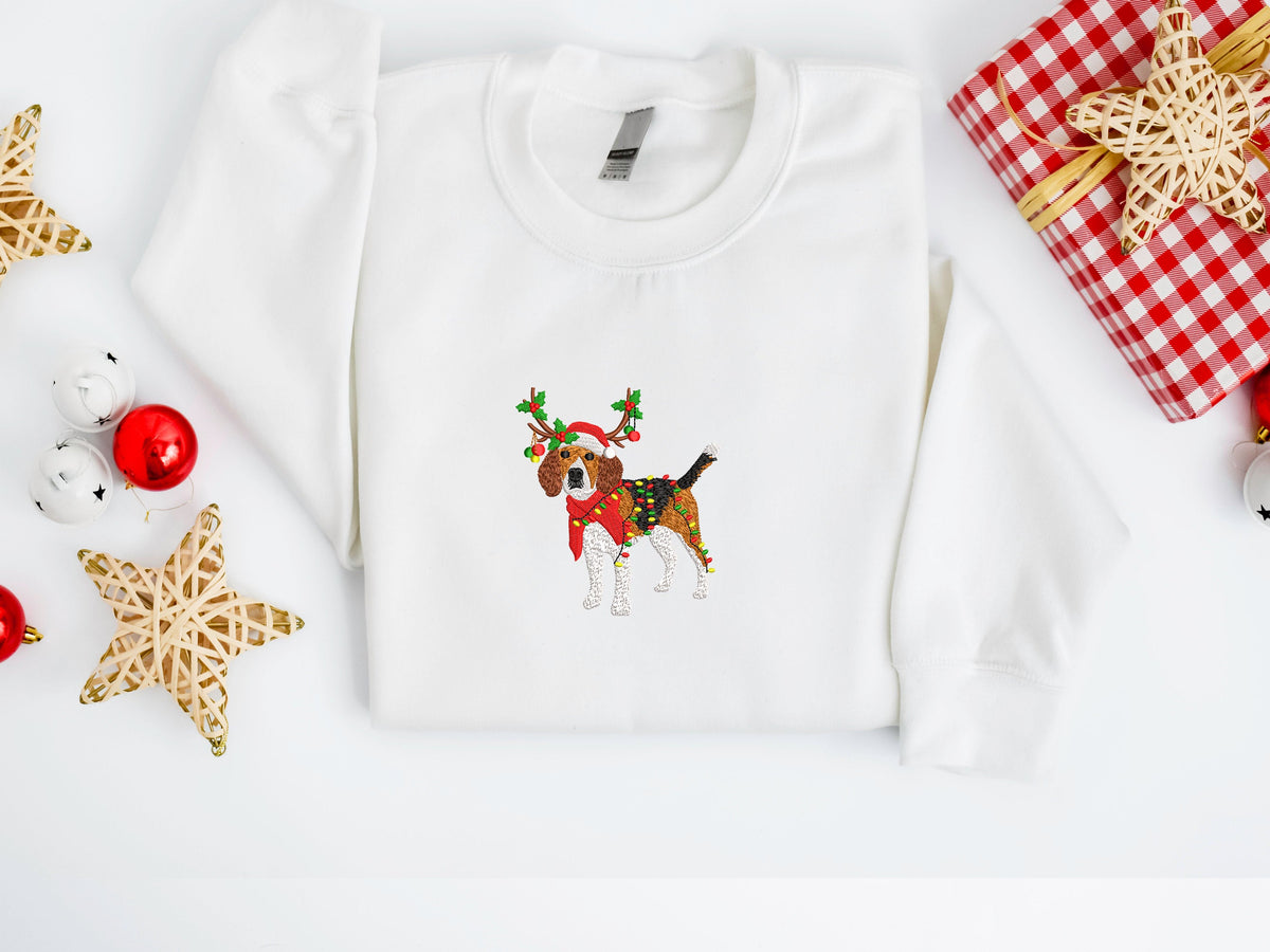 Gesticktes Weihnachts-Hunde-Sweatshirt. Gesticktes Beagle-Hunde-Weihnachts-Sweatshirt. Damen-Weihnachts-Sweatshirt