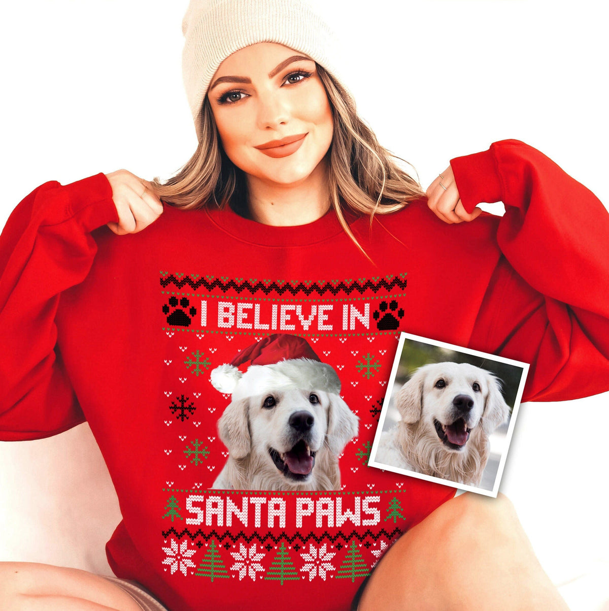 Ich glaube an Santa Paws Niedliches, lustiges, personalisiertes, hässliches Weihnachtspullover-Sweatshirt