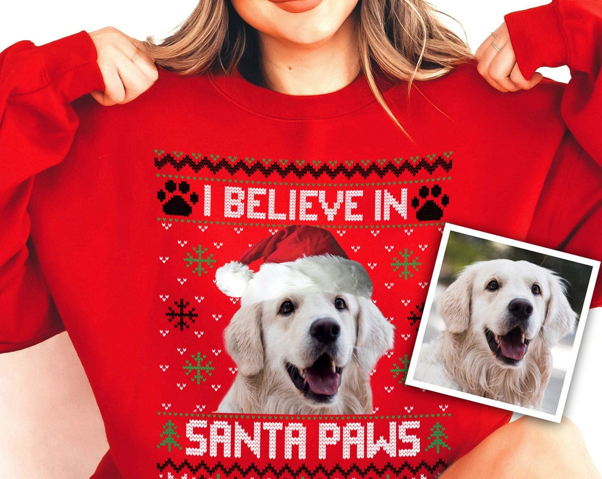 Tierbesitzer, ich glaube an Santa Paws maßgeschneiderte Weihnachtspullover, Pullover, Sweatshirts