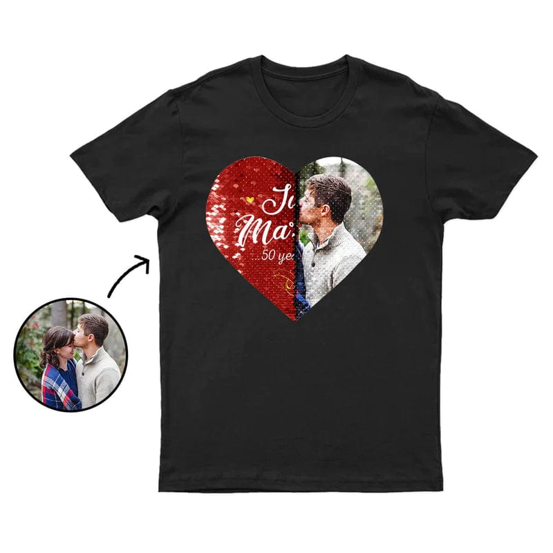 T-shirt en coton personnalisé avec photo ou texte, motif cœur à paillettes, pour hommes et femmes
