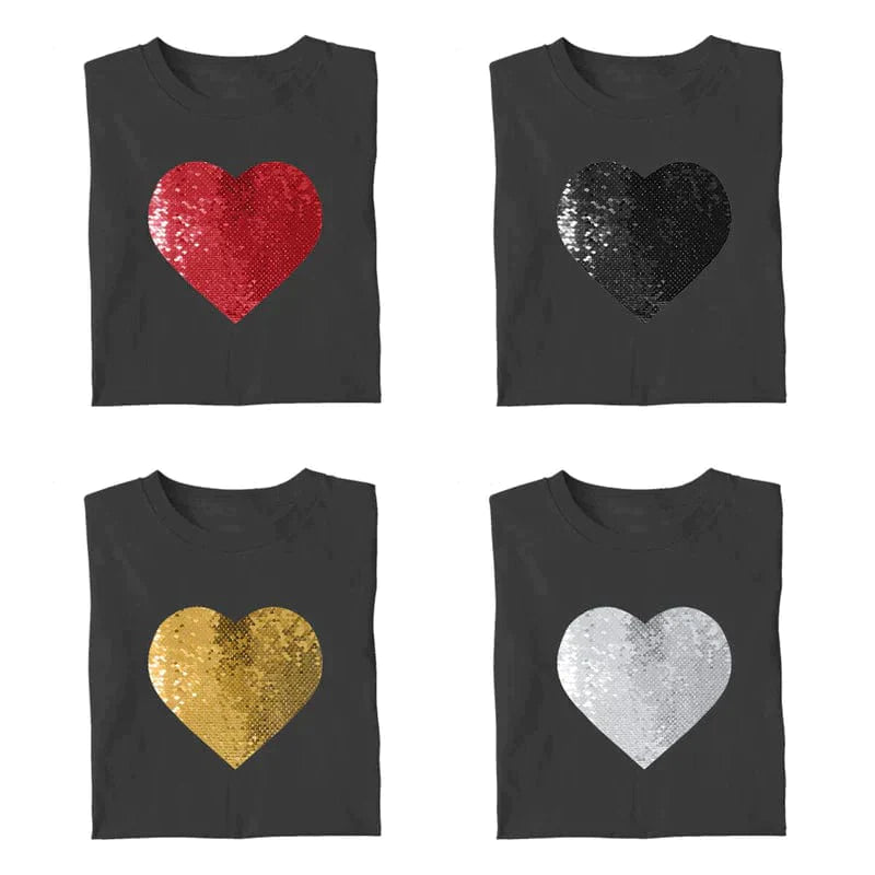 T-shirt en coton personnalisé avec photo ou texte, motif cœur à paillettes, pour hommes et femmes