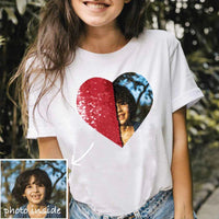 T-shirt en coton personnalisé avec photo ou texte, motif cœur à paillettes, pour hommes et femmes
