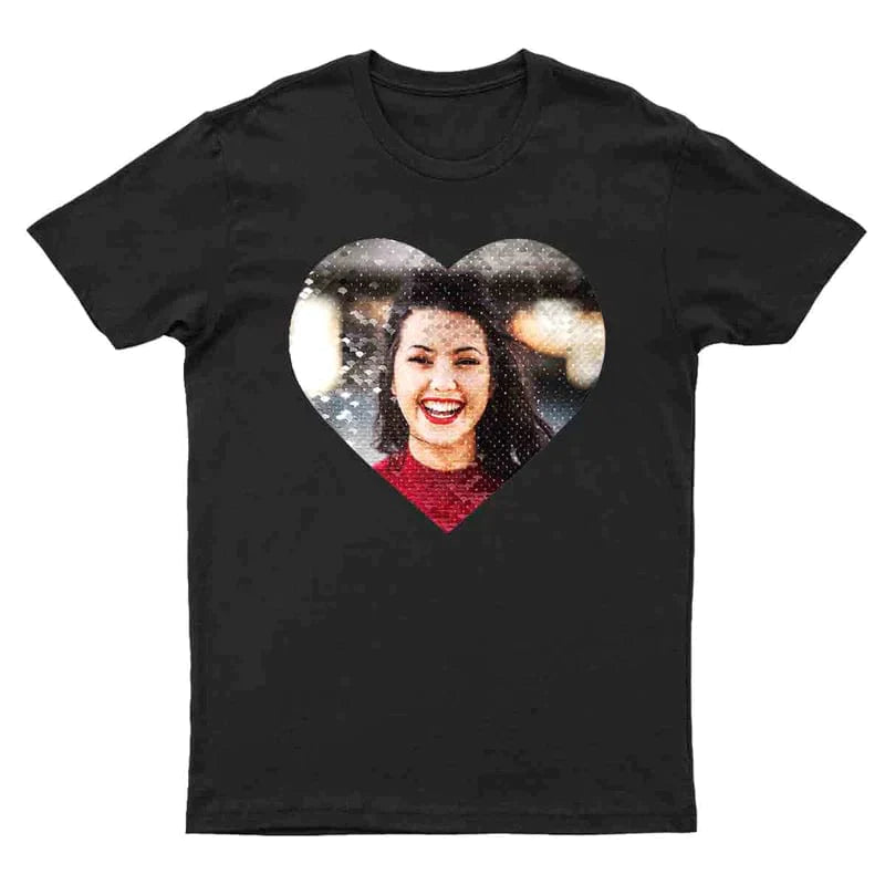 T-shirt en coton personnalisé avec photo ou texte, motif cœur à paillettes, pour hommes et femmes