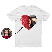T-shirt en coton personnalisé avec photo ou texte, motif cœur à paillettes, pour hommes et femmes