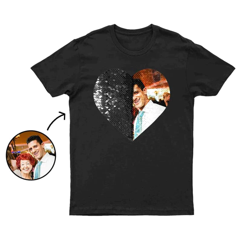T-shirt en coton personnalisé avec photo ou texte, motif cœur à paillettes, pour hommes et femmes