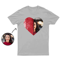 T-shirt en coton personnalisé avec photo ou texte, motif cœur à paillettes, pour hommes et femmes