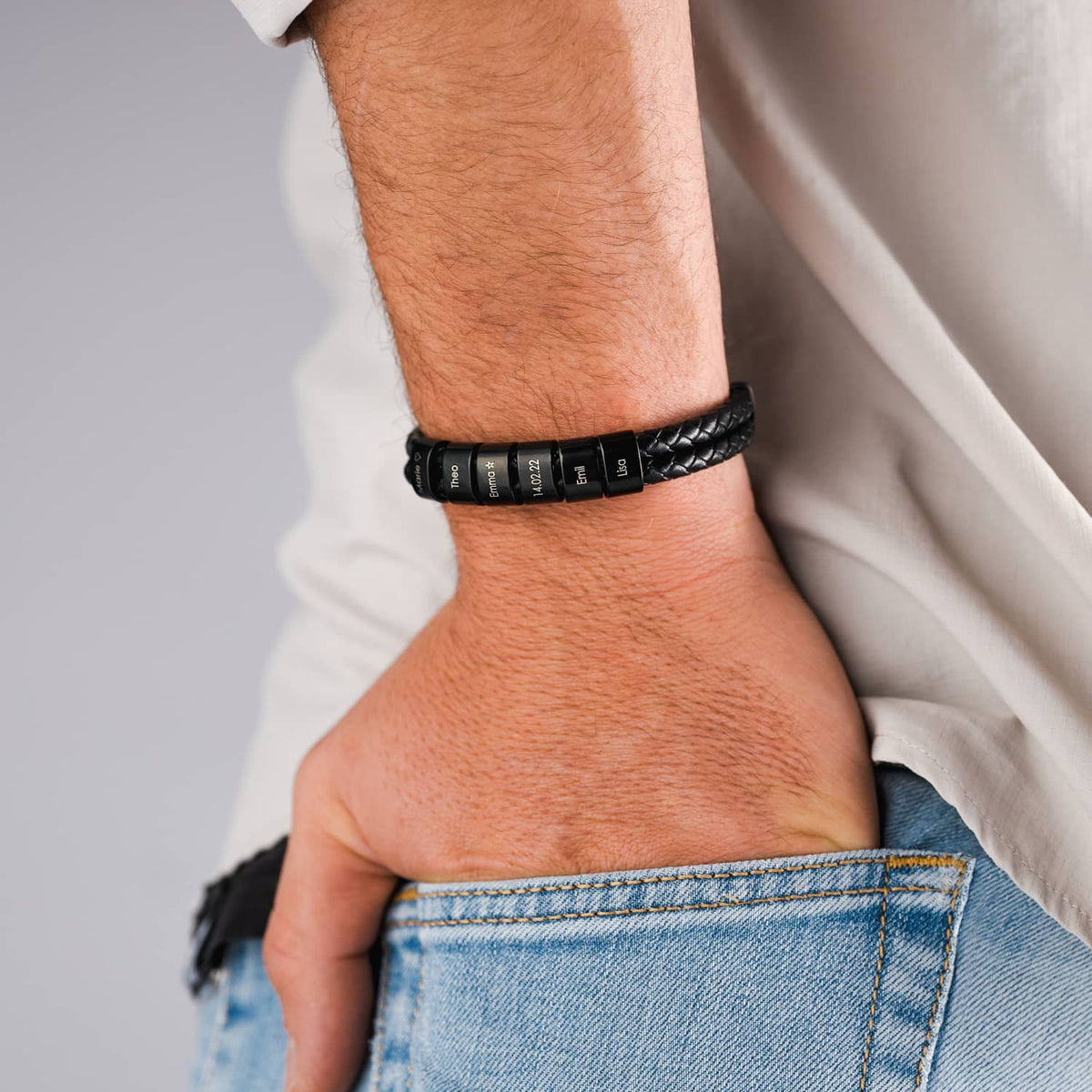 Bracelet en cuir avec perles gravées – cadeau pour homme