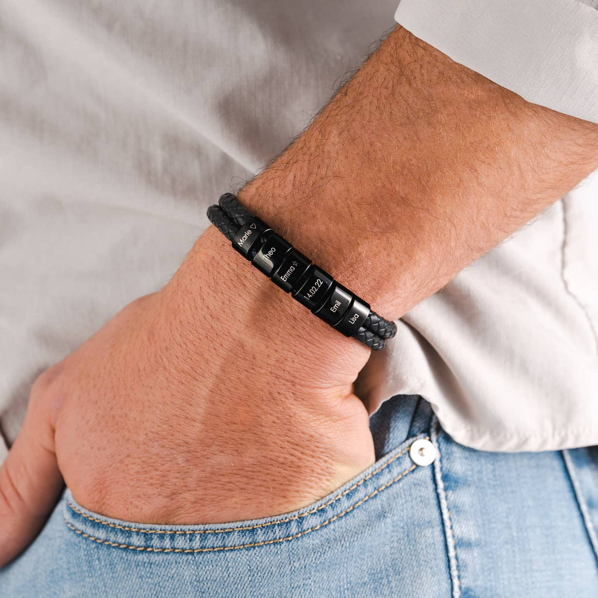 Bracelet en cuir avec perles gravées – cadeau pour homme